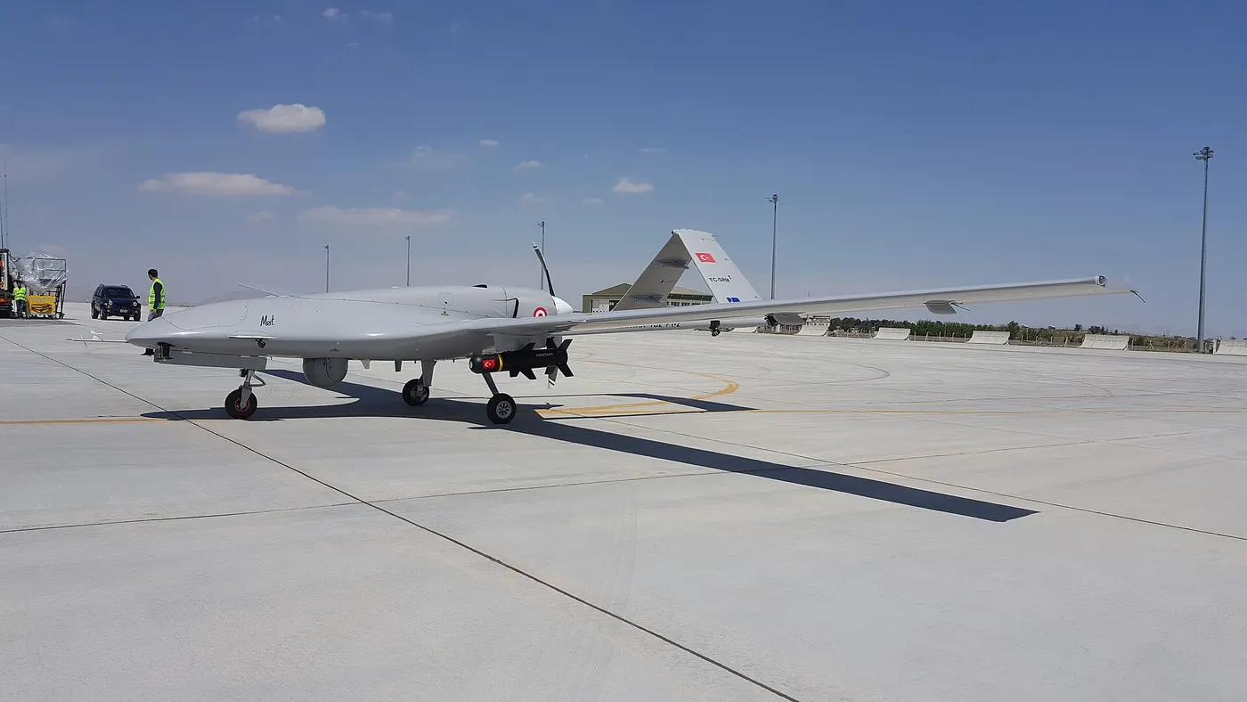 A Bayraktar TB2, the Turkish drone that decided the 2020 Nagorno-Karabakh war and helped blunt Russia's advance on Kyiv in 2022.