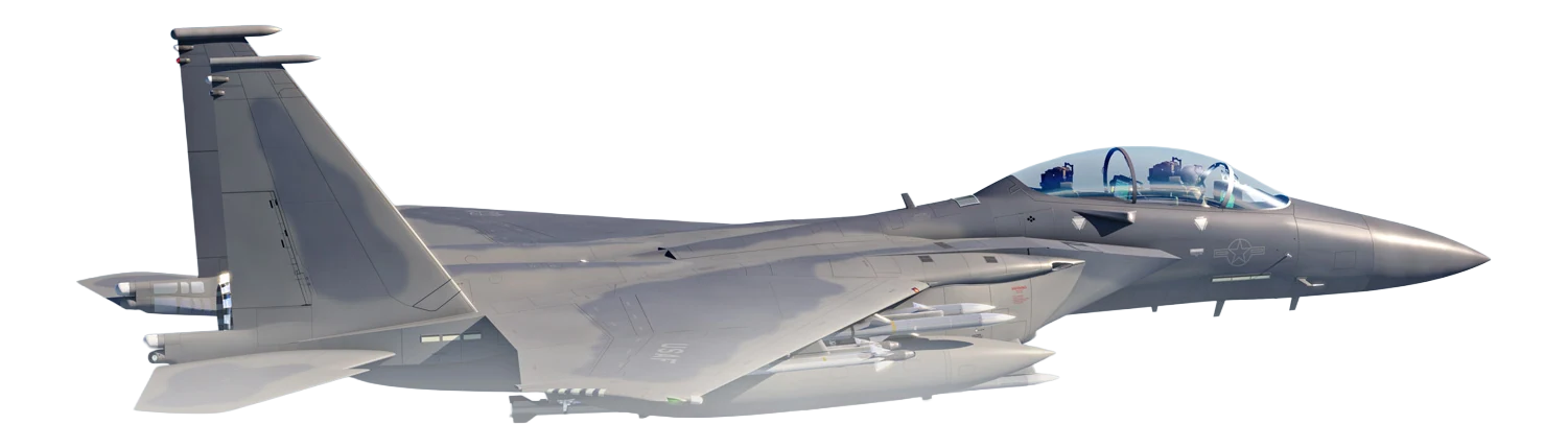 An F-15EX Eagle II heavy fighter in clean studio profile, showing its multiple wing hardpoints.