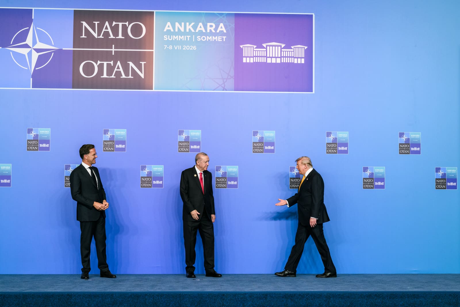 President Trump is greeted by NATO Secretary General Mark Rutte and Turkish President Erdogan at the Bestepe Presidential Compound in Ankara