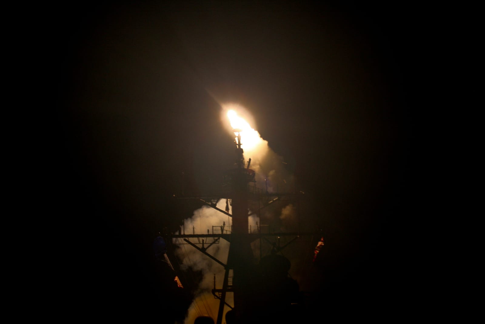 The destroyer USS Stout launches a Tomahawk missile during Operation Odyssey Dawn, March 2011