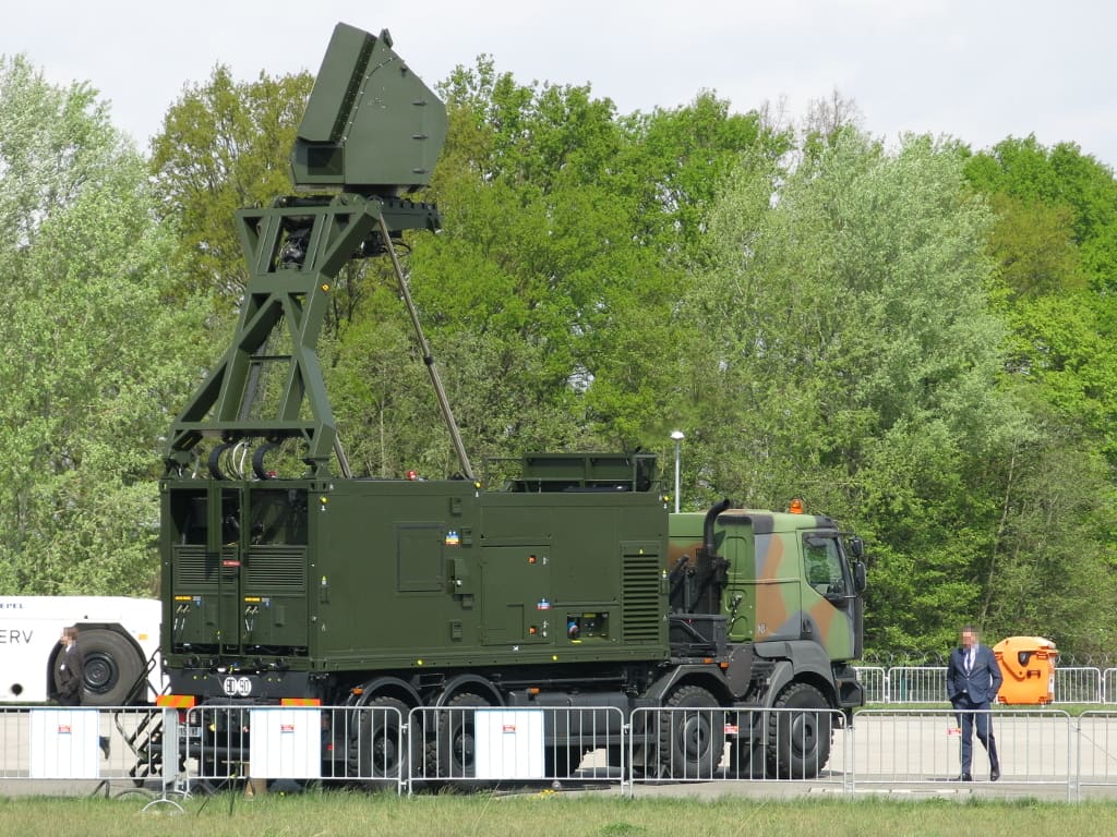 A Thales Ground Master 200 mobile radar system mounted on an 8x8 truck chassis