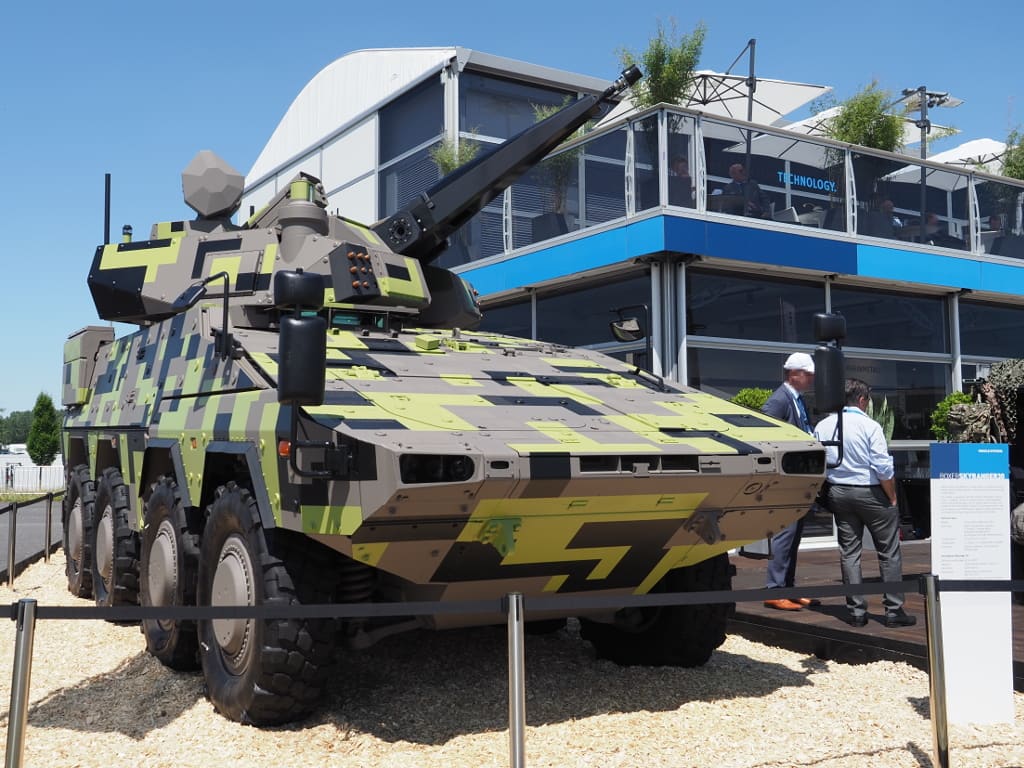 A Rheinmetall Boxer Skyranger 30 air defense vehicle with its 30mm autocannon turret on display