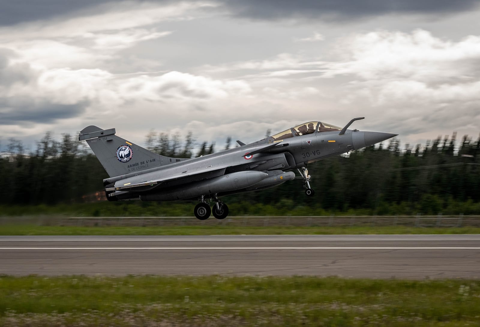 French Air and Space Force Dassault Rafale taking off during Arctic Defender 24 exercise at Eielson Air Force Base, Alaska