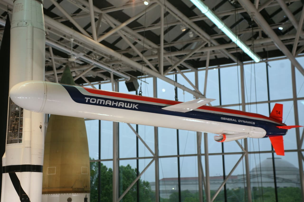 A U.S. Navy Tomahawk cruise missile in flight during a test launch