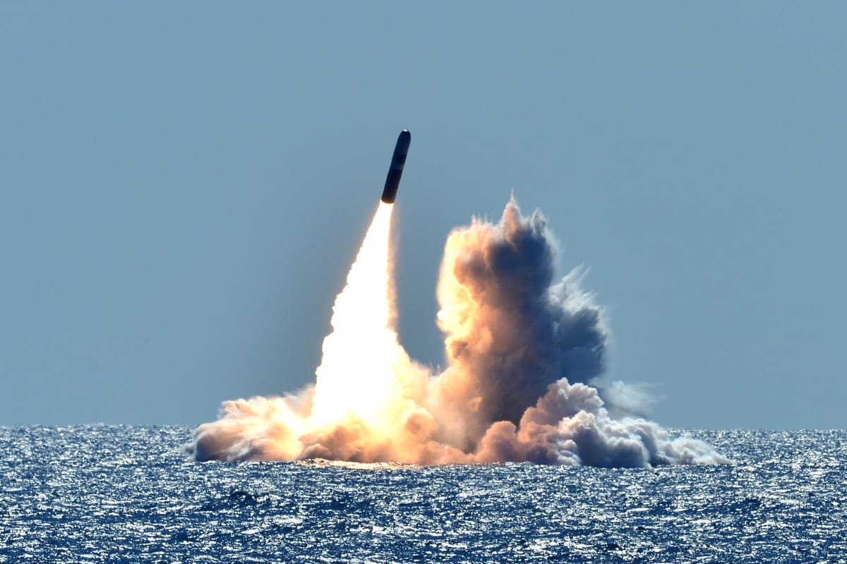 An unarmed Trident II D5 missile launches from the Ohio-class submarine USS Nebraska off the California coast