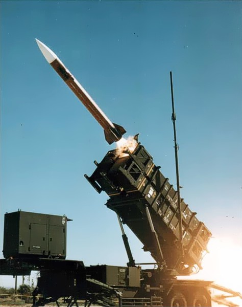 A MIM-104 Patriot interceptor missile launching from its ground battery