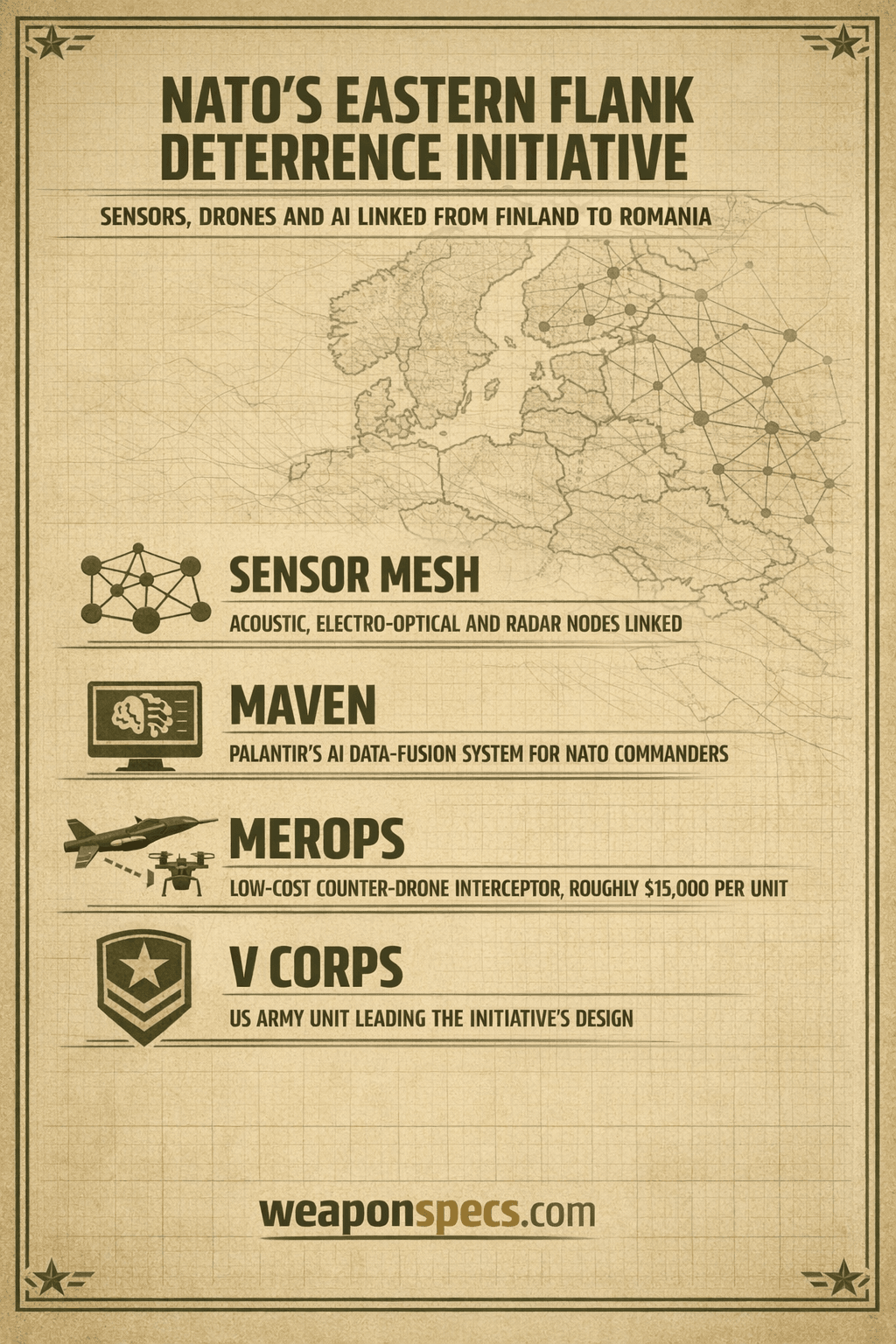 Ranked infographic over a faint eastern-Europe map motif stretching from Finland to Romania showing a network-node icon for the sensor-and-effector data backbone, a software-brain icon for Palantir's Maven Smart System, a drone-interceptor icon for Perennial Autonomy's Merops system, and a corps-insignia icon for V Corps leading the initiative's design