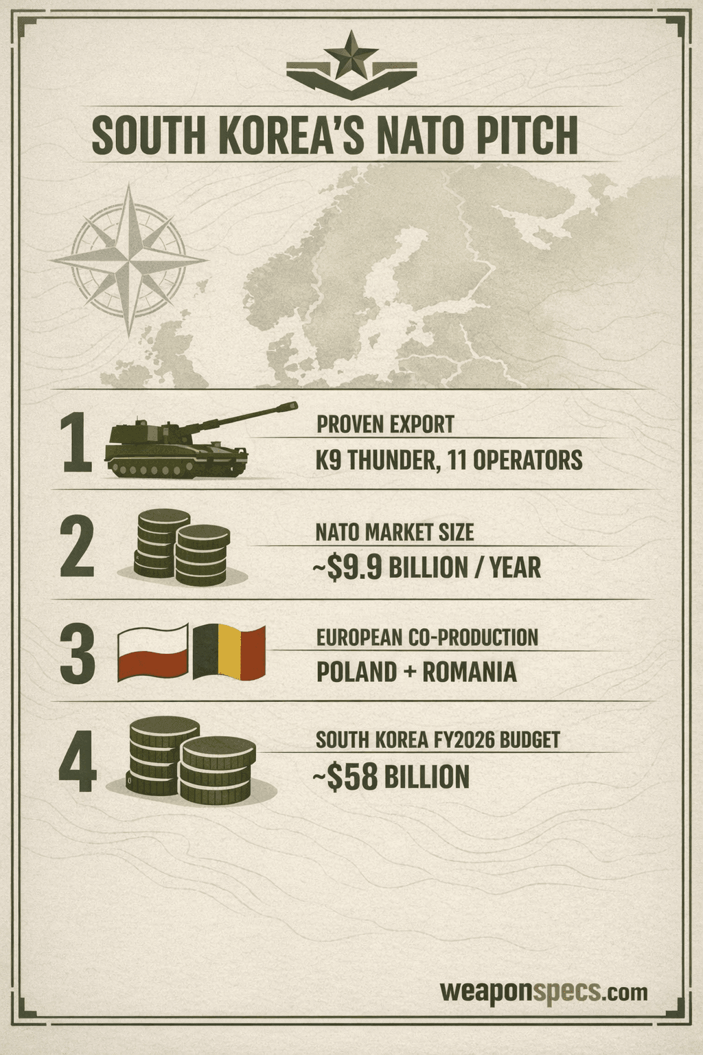 Ranked infographic over a faint European map motif showing a howitzer silhouette icon for K9 Thunder's export success, a stack-of-coins icon for the roughly 9.9 billion dollar annual NATO joint-procurement market, a flag-cluster icon for South Korea's existing European co-production sites in Poland and Romania, and a second stack-of-coins icon for South Korea's approximately 58 billion dollar FY2026 defense budget