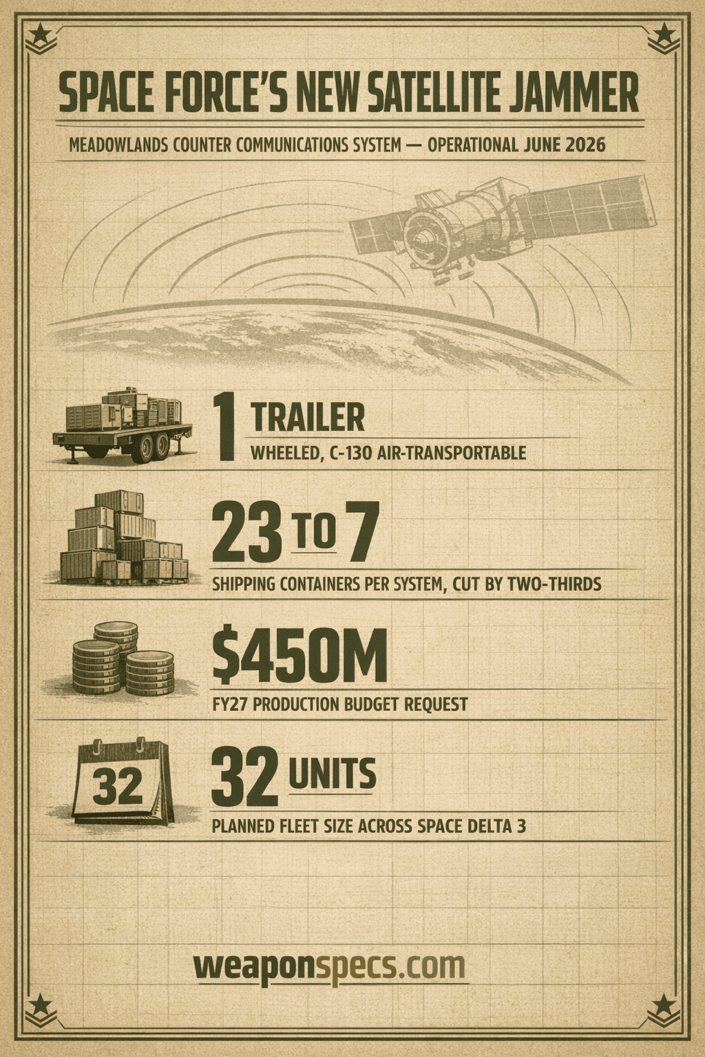 Ranked infographic over a faint satellite-orbit motif showing a trailer icon for the wheeled, C-130-transportable Meadowlands system, a stack-of-shipping-boxes icon shrinking from 23 to 7 for the reduced transport footprint, a stack-of-coins icon for the 450 million dollar fiscal 2027 production request, and a calendar icon for the June 8 2026 operational acceptance date