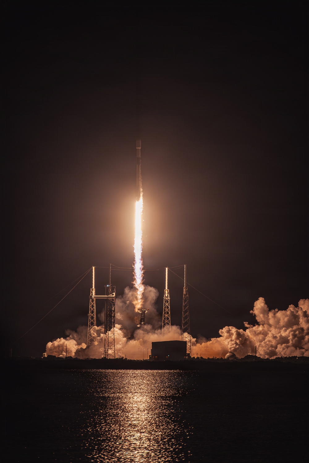 A SpaceX Falcon 9 rocket launching the BlueBird 8-10 mission from Cape Canaveral Space Force Station