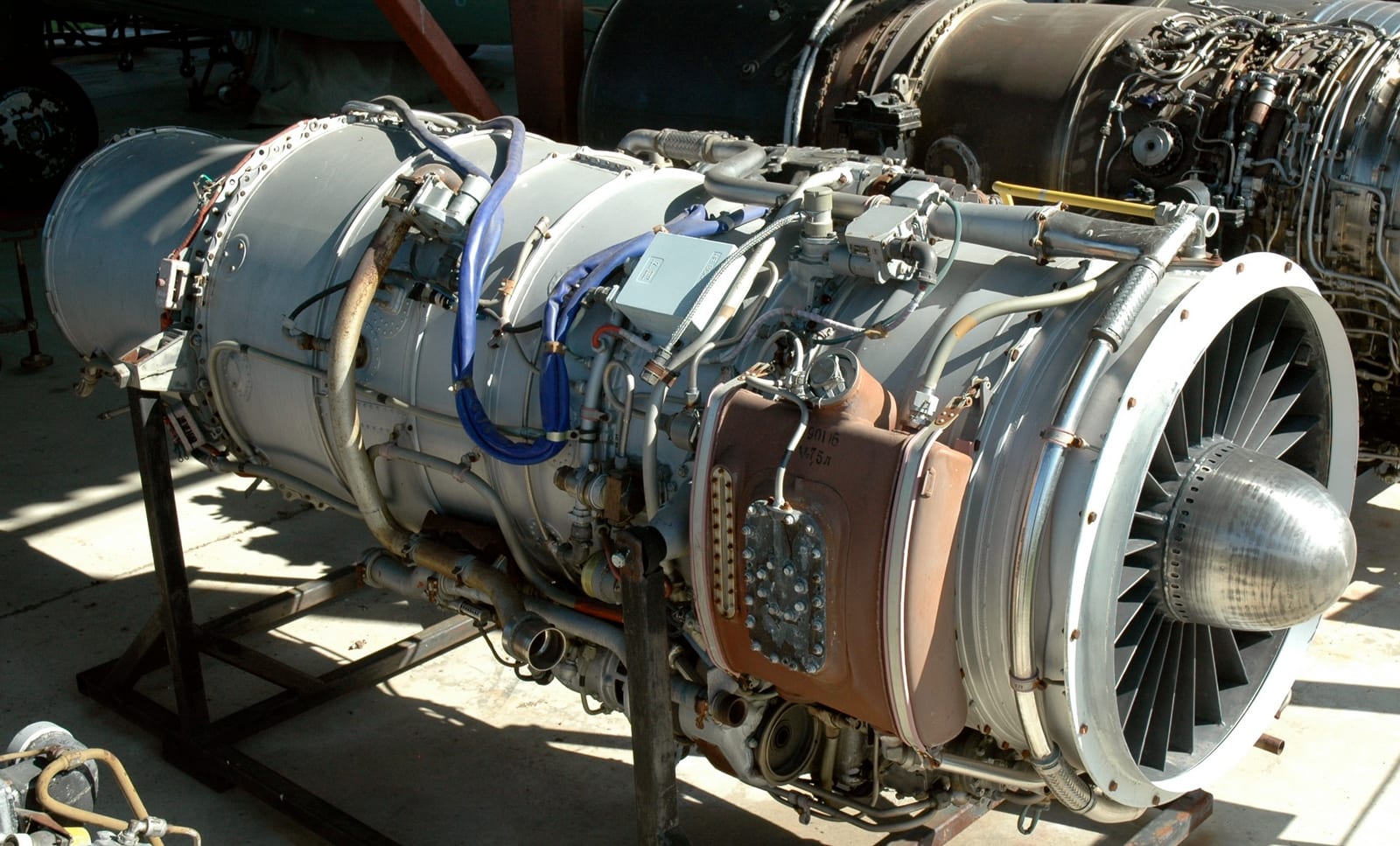 Ivchenko AI-25TL turbofan engine, the Soviet-era jet-trainer engine originally powering the Flamingo, on static display at the Hungarian Aviation Museum in Szolnok