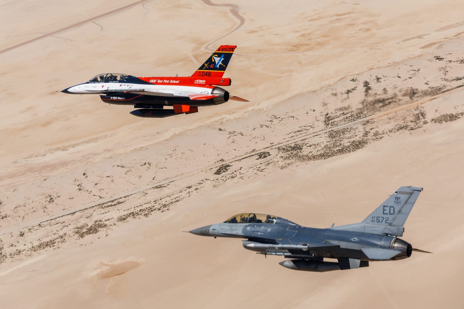 X-62A VISTA test aircraft flying above Edwards Air Force Base, California