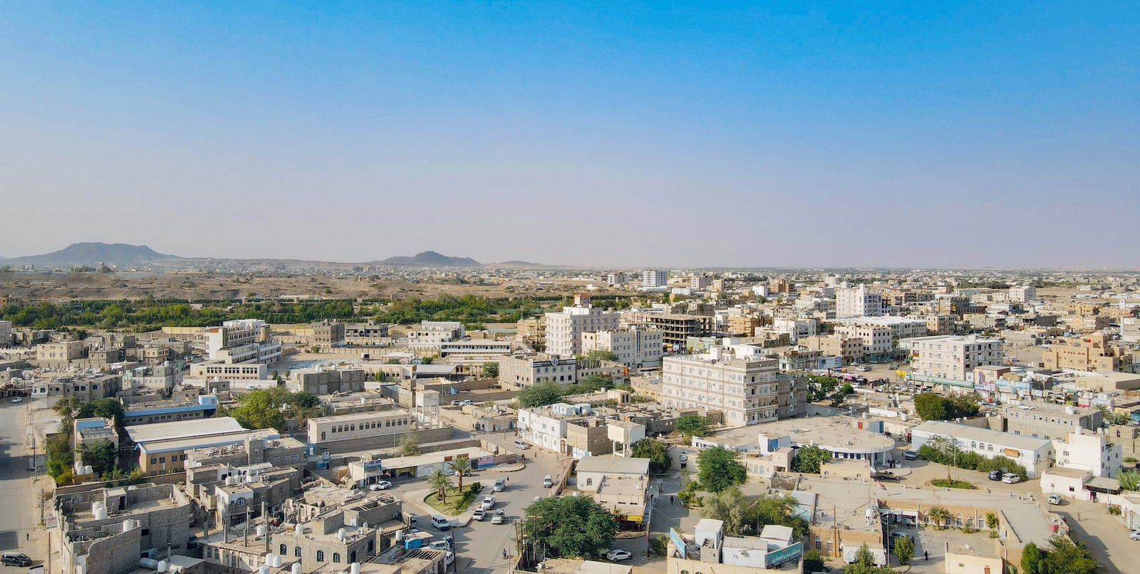 Aerial view of Marib city and surrounding terrain, Yemen