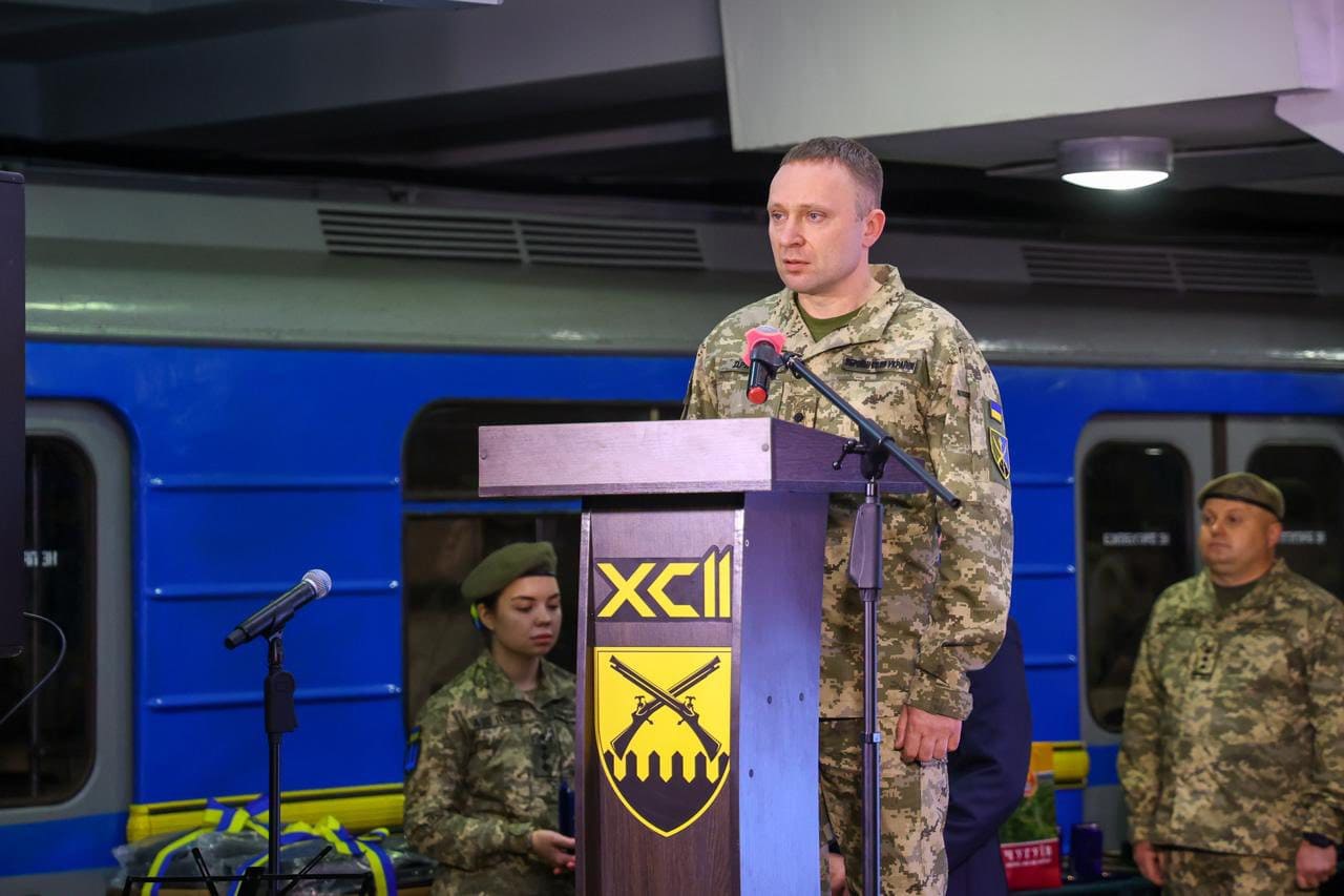 Major General Mykhailo Drapaty addresses soldiers of the 92nd Separate Assault Brigade during a unit anniversary ceremony