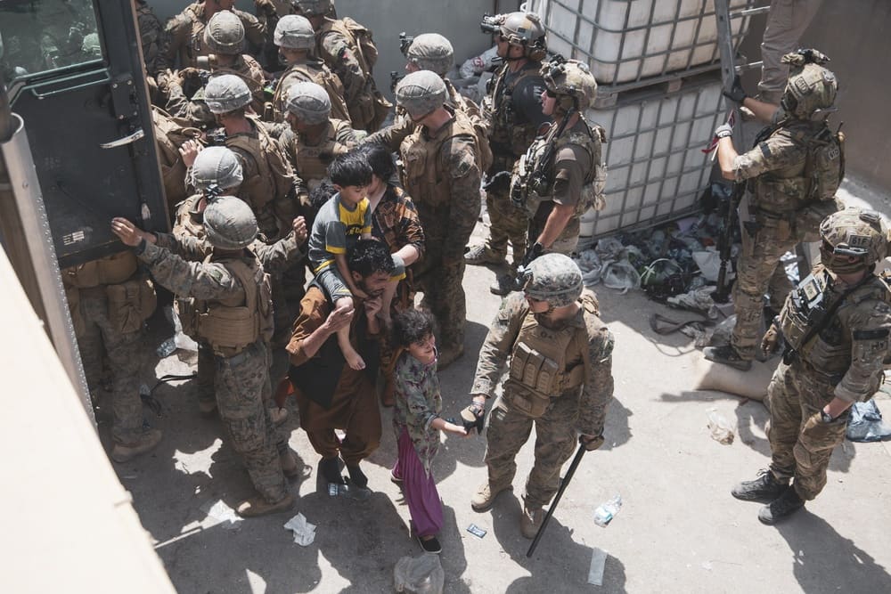 US Marines and coalition forces staff an evacuation control checkpoint at Kabul airport during the August 2021 airlift