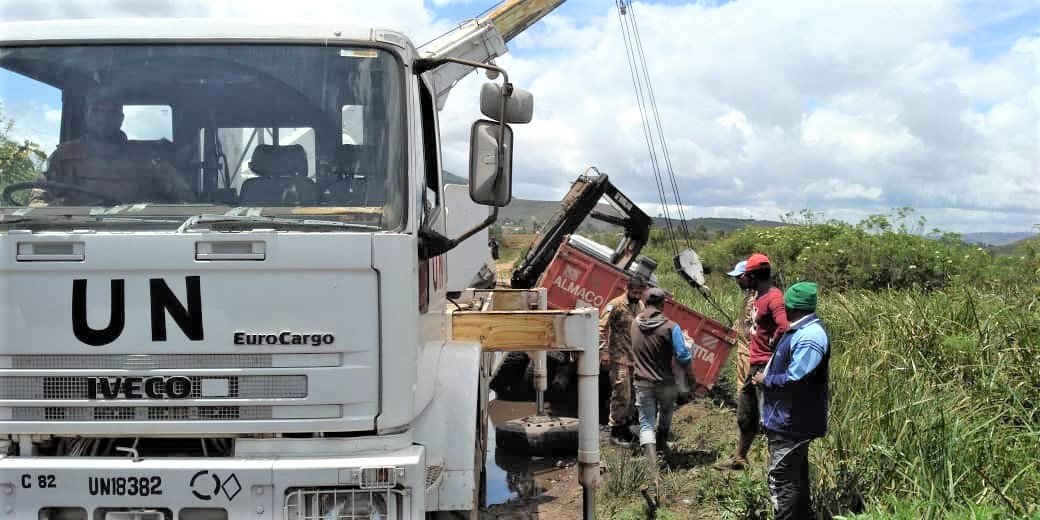 MONUSCO Pakistani Battalion peacekeepers helping free a truck stuck in marshland on a road in Minembwe, South Kivu