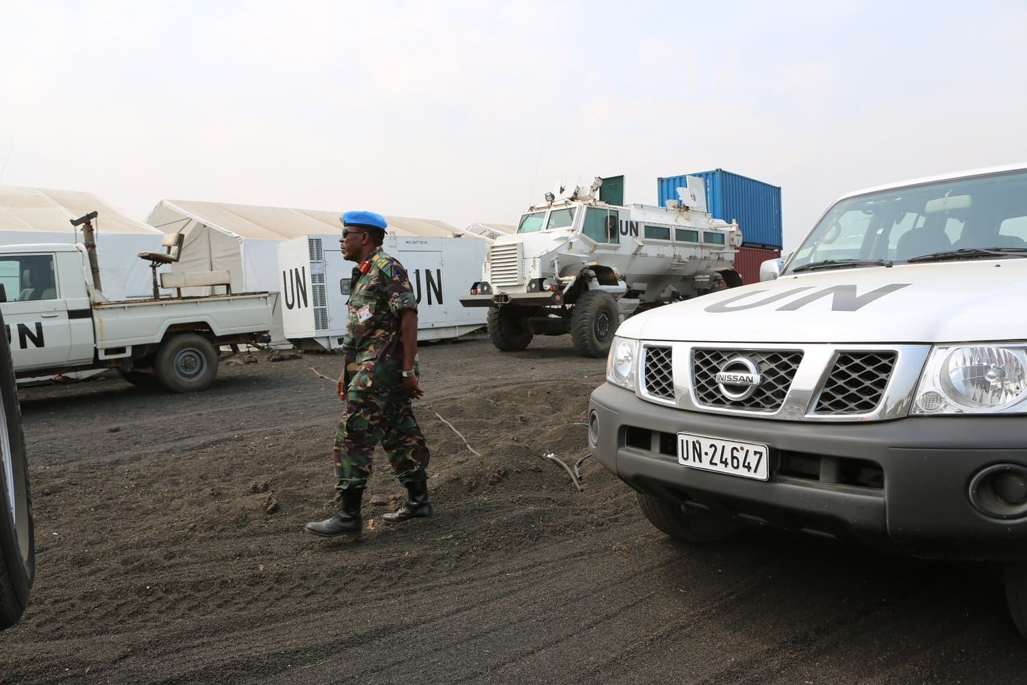 MONUSCO peacekeeping vehicles and personnel at a Force Intervention Brigade field site near Sake, North Kivu