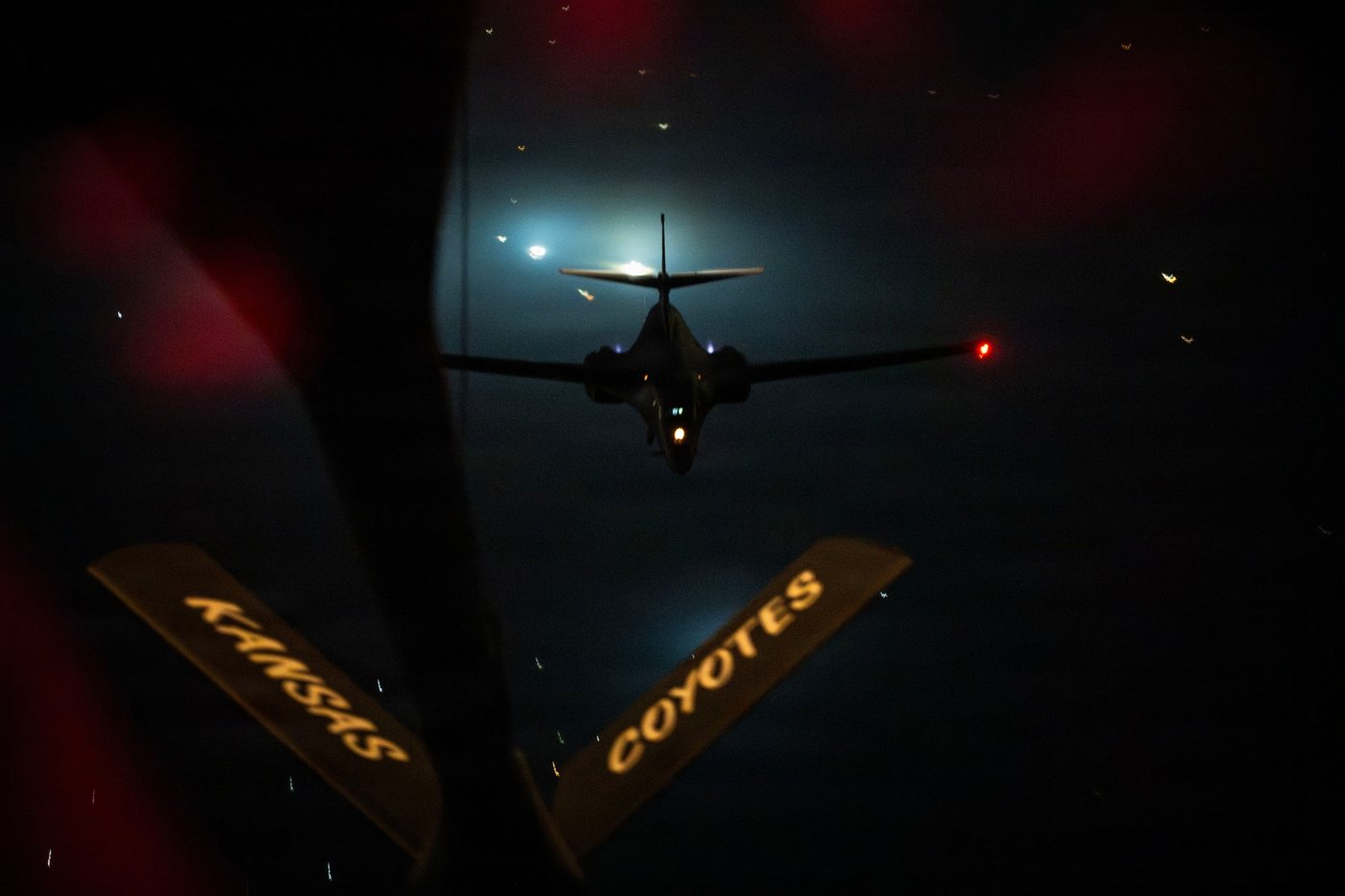 A U.S. Air Force B-1B Lancer refuels from a KC-135 Stratotanker during a night mission in support of Operation Epic Fury, the same bomber force involved in the July 8-9, 2026 strikes on Iranian sites