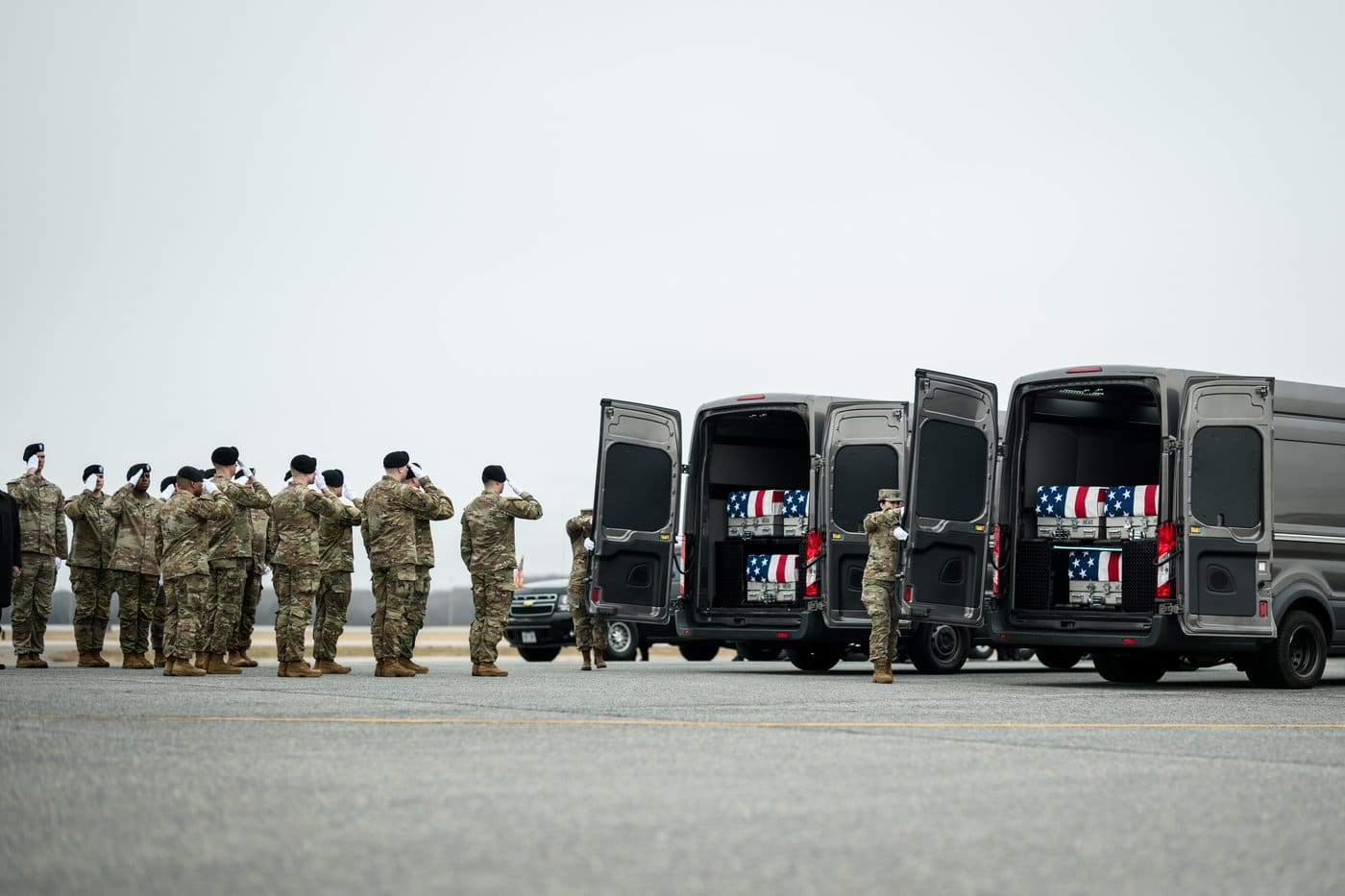 President Trump and First Lady Melania Trump attend the dignified transfer of remains of the six U.S. Army Reserve soldiers killed in the March 1, 2026 drone strike on a Kuwait operations center, Dover Air Force Base, March 7, 2026