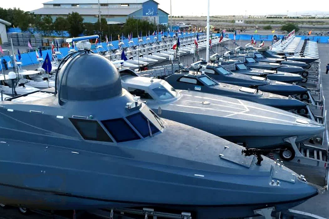 Islamic Revolutionary Guard Corps Navy speedboats at a 2023 commissioning ceremony in Bandar Abbas; IRGC forces launched coordinated missile and drone attacks against five Gulf states on July 12, 2026