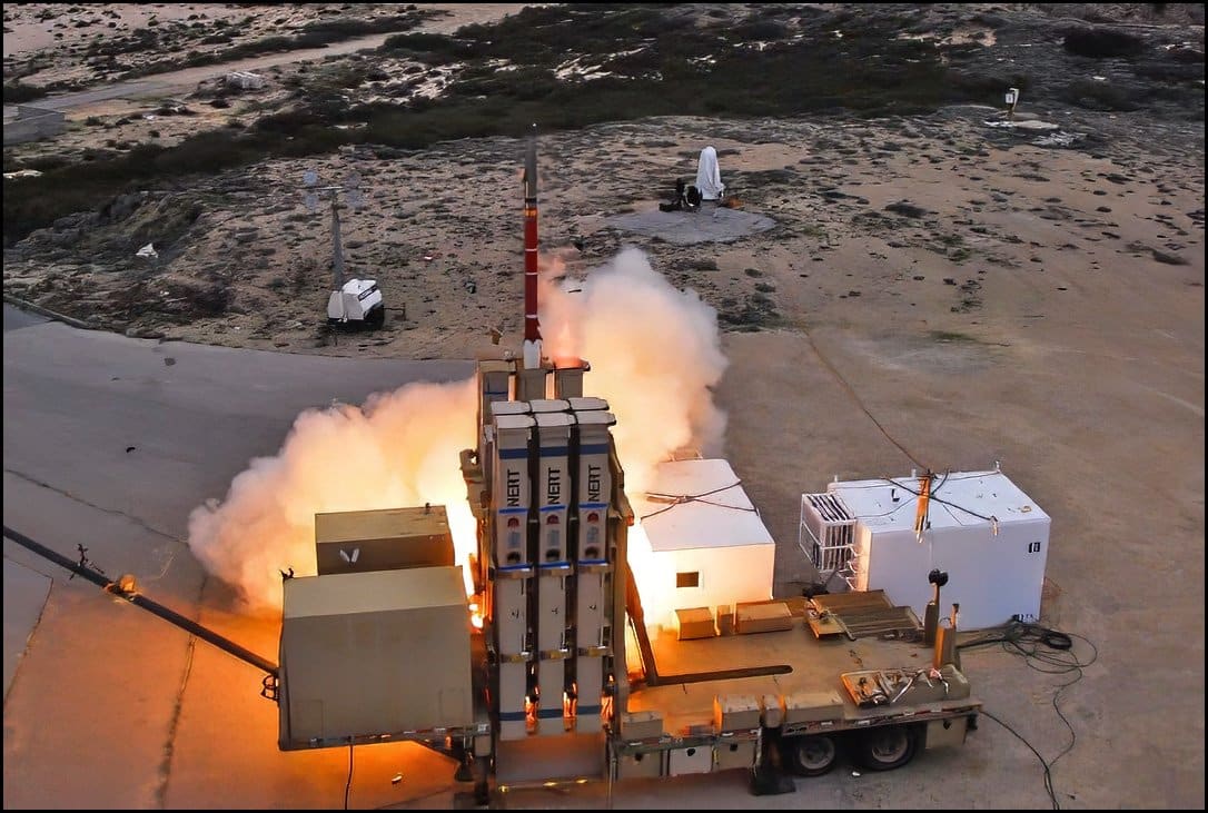 An Israeli David's Sling air-defense interceptor launching into the sky