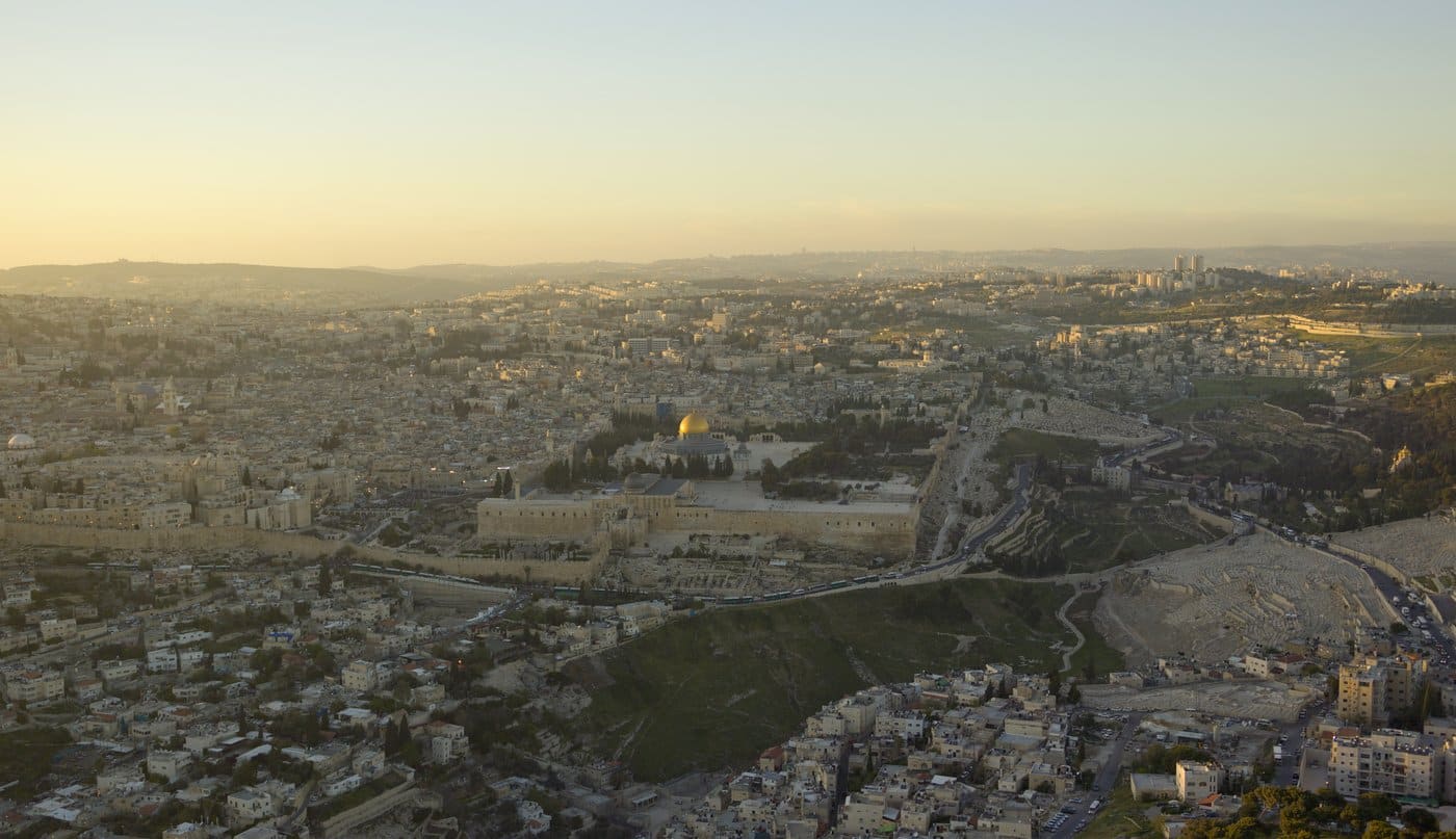 Aerial sunset view of the Temple Mount and Jerusalem's Old City