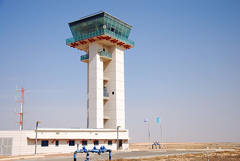 The air traffic control tower at Nevatim Airbase in Israel's Negev Desert
