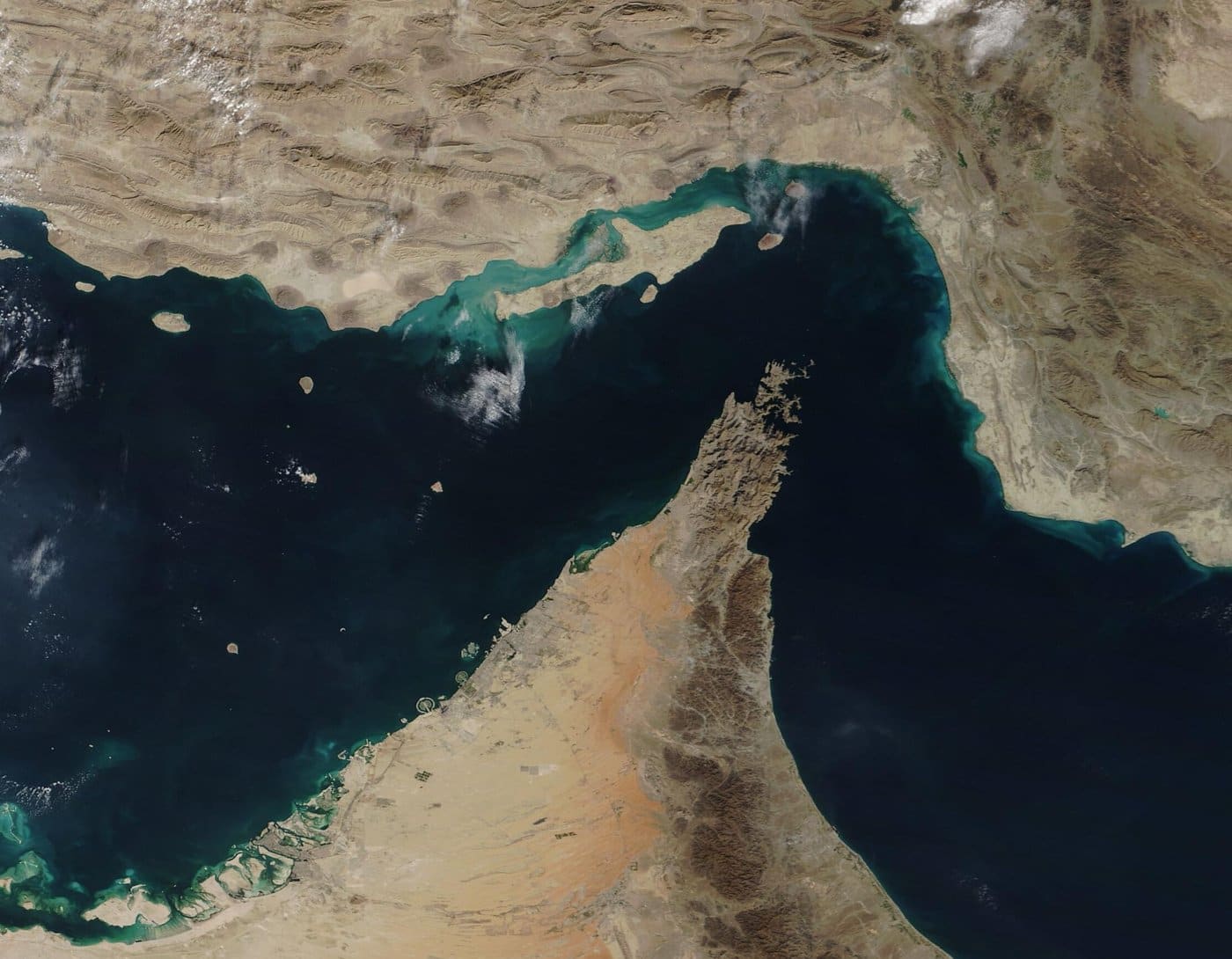 NASA satellite image of the Strait of Hormuz separating Iran from the Arabian Peninsula