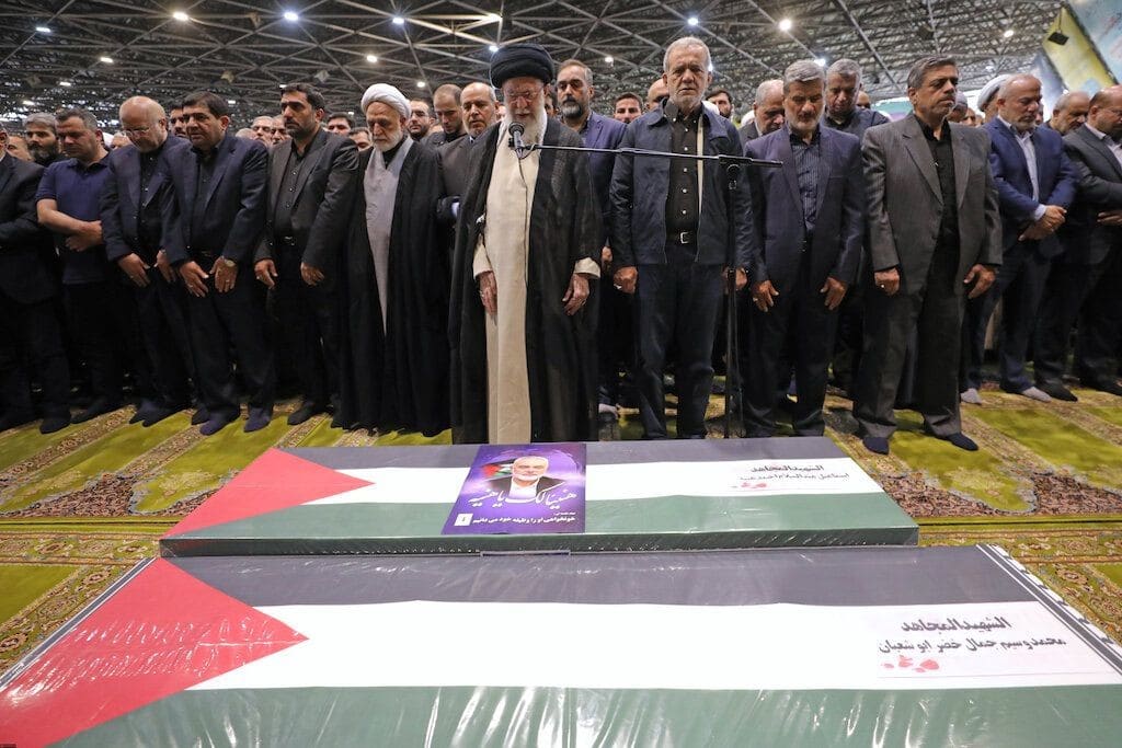 Iranian Supreme Leader Ali Khamenei leads funeral prayers for Ismail Haniyeh in Tehran, August 1, 2024