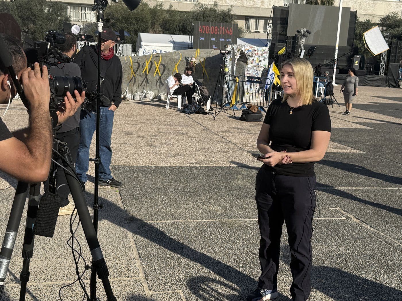 Crowds and media gather in Tel Aviv's Kidnapped Square in the hours before the first ceasefire-phase hostage release, January 19, 2025