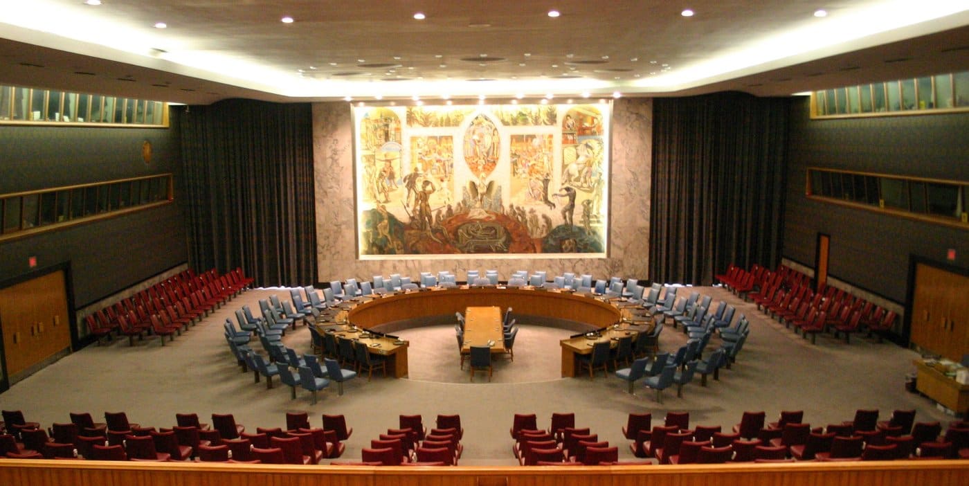 The United Nations Security Council chamber in New York, where Resolution 2803 was adopted in November 2025