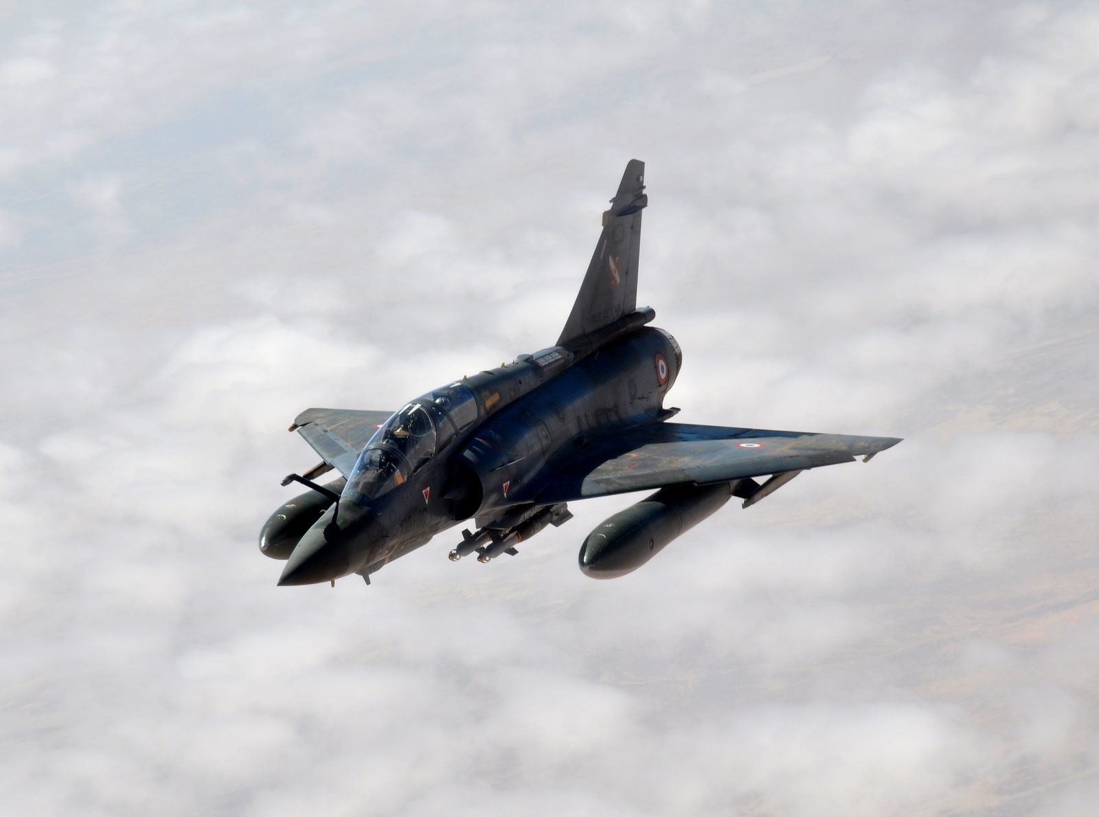 A French Air Force Mirage 2000D fighter jet in flight over Africa during Operation Serval