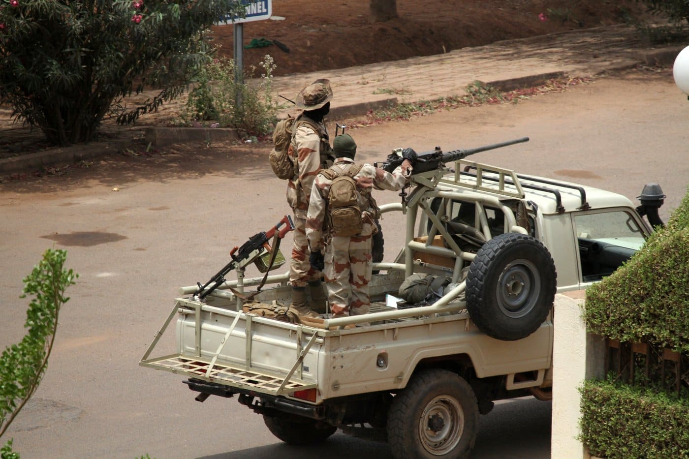 Malian soldiers standing guard outside Kati Barracks, headquarters of the 2012 coup leadership