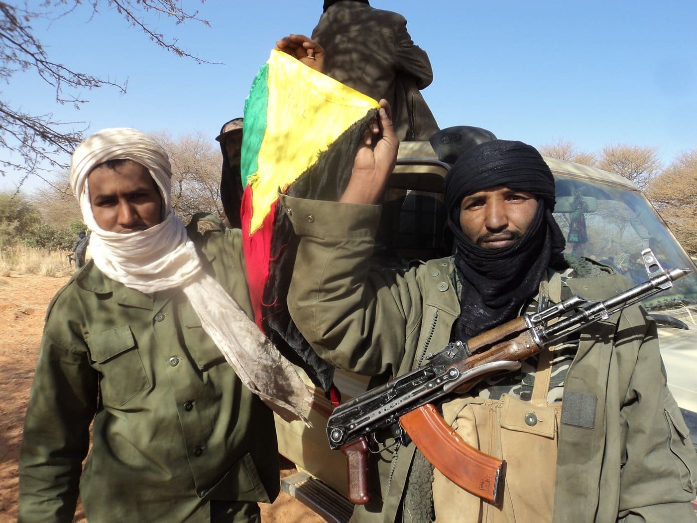 Tuareg MNLA fighters with vehicles in northern Mali during the early weeks of the 2012 rebellion