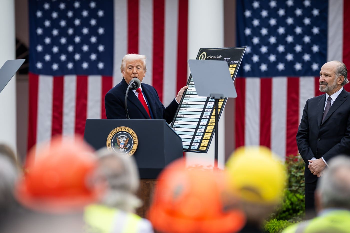 President Donald Trump displaying a tariff chart at a White House Rose Garden event