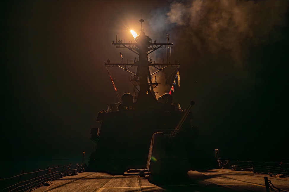 A missile launching from a US Navy vessel prior to the January 2024 US-UK strikes on Houthi targets in Yemen