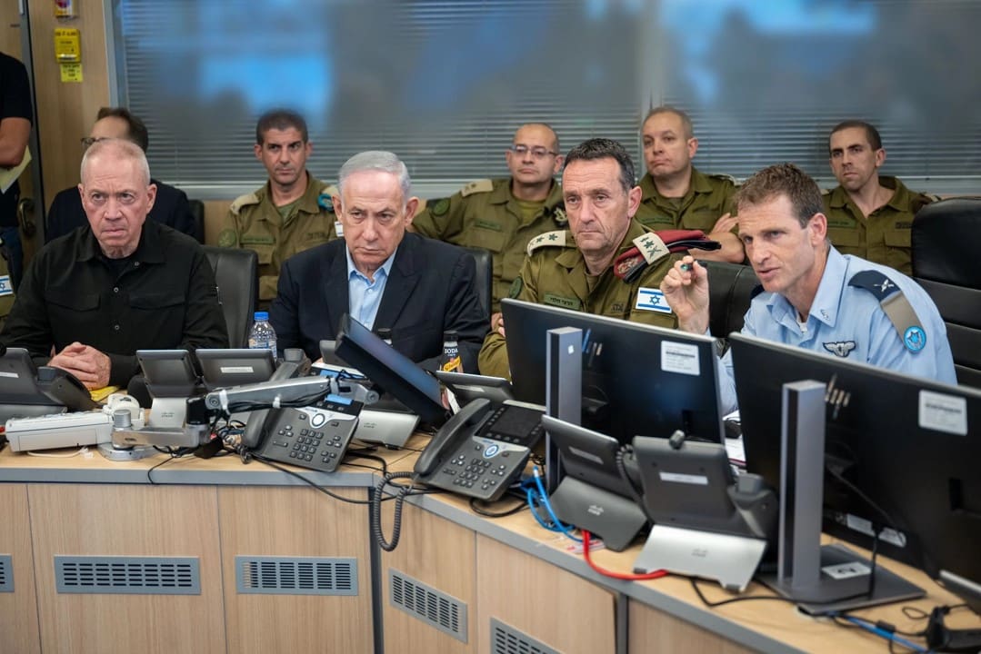 Israeli military and political leaders, including Prime Minister Benjamin Netanyahu, at an air force command post during Operation Long Arm, the July 20, 2024 strike on Hodeidah port