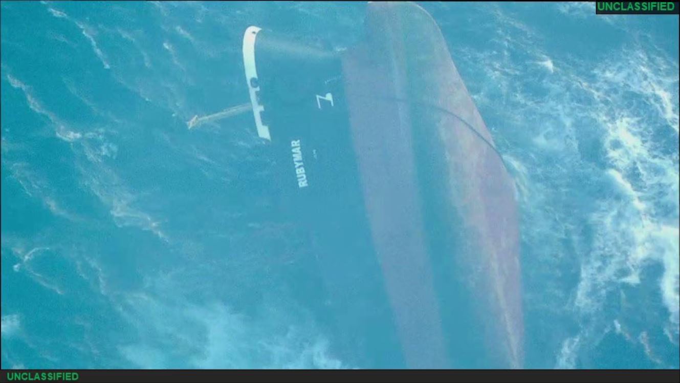The bulk carrier MV Rubymar listing and partially submerged in the Red Sea on March 2, 2024