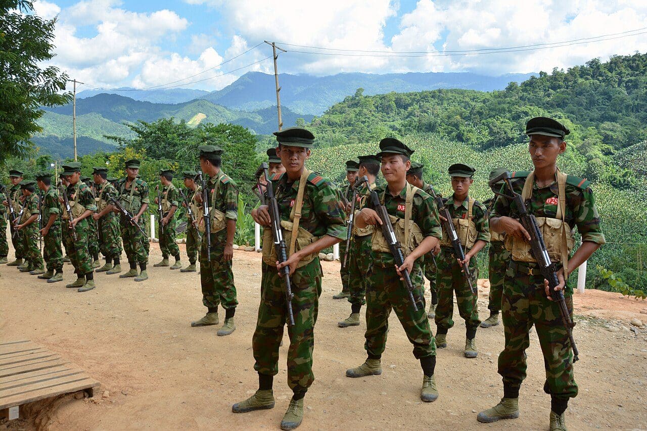 Cadets of the Kachin Independence Army preparing for military drills at the group's headquarters in Laiza, Kachin State