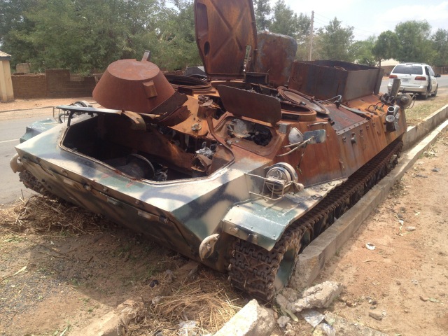 A destroyed Nigerian Army MT-LB armored vehicle, captured and destroyed by Boko Haram near Marrabara, Adamawa State, photographed May 2015