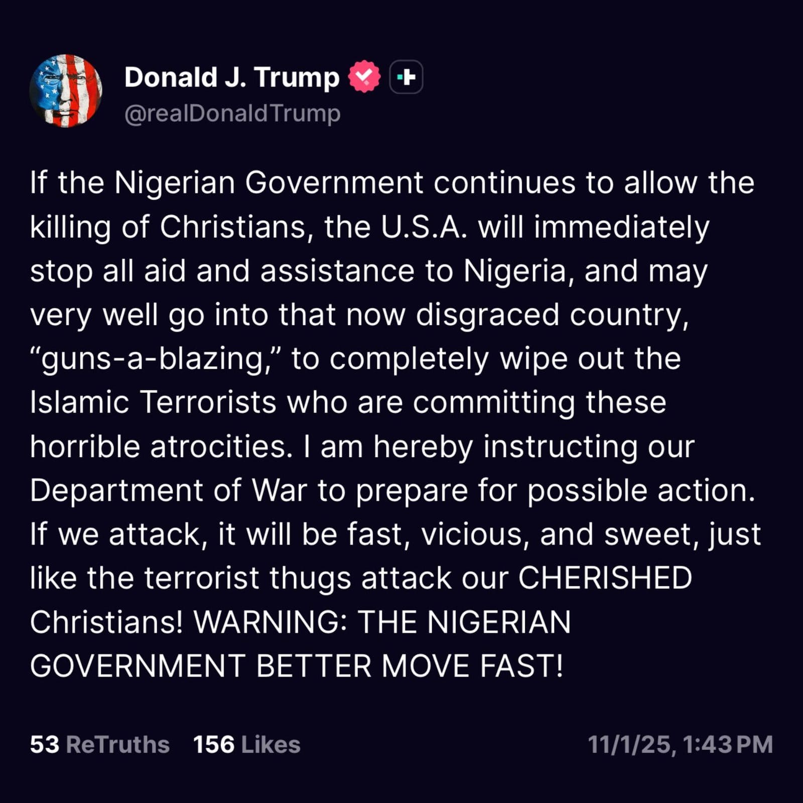 Screenshot of Donald Trump's November 1, 2025 Truth Social post threatening to go into Nigeria 'guns-a-blazing' if the killing of Christians did not stop