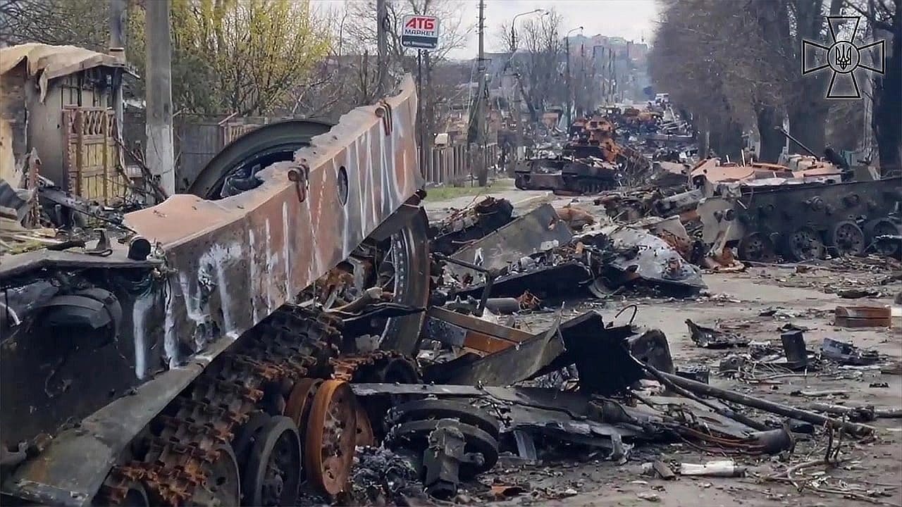 Destroyed Russian military vehicles lining Vokzalna Street in Bucha, Kyiv Oblast, after Russia's failed advance on the capital