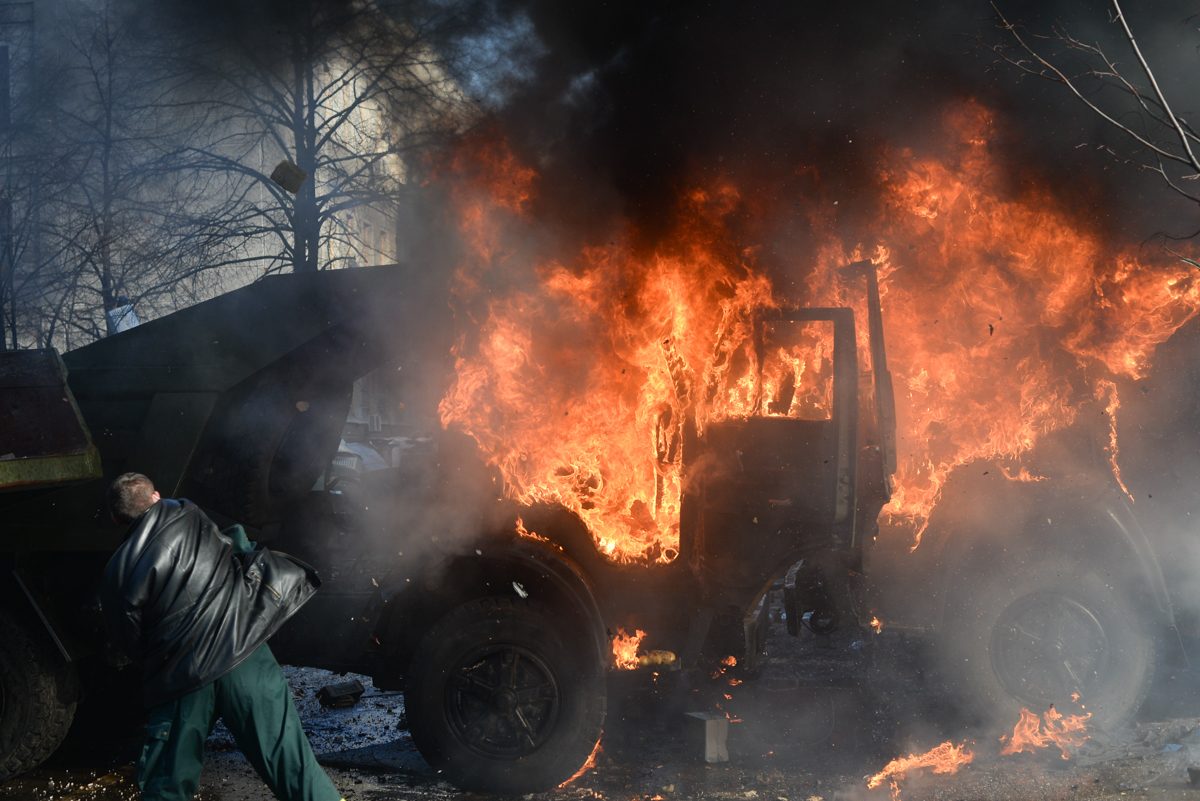 Clashes between protesters and interior troops in Kyiv during the Euromaidan crackdown, February 18, 2014