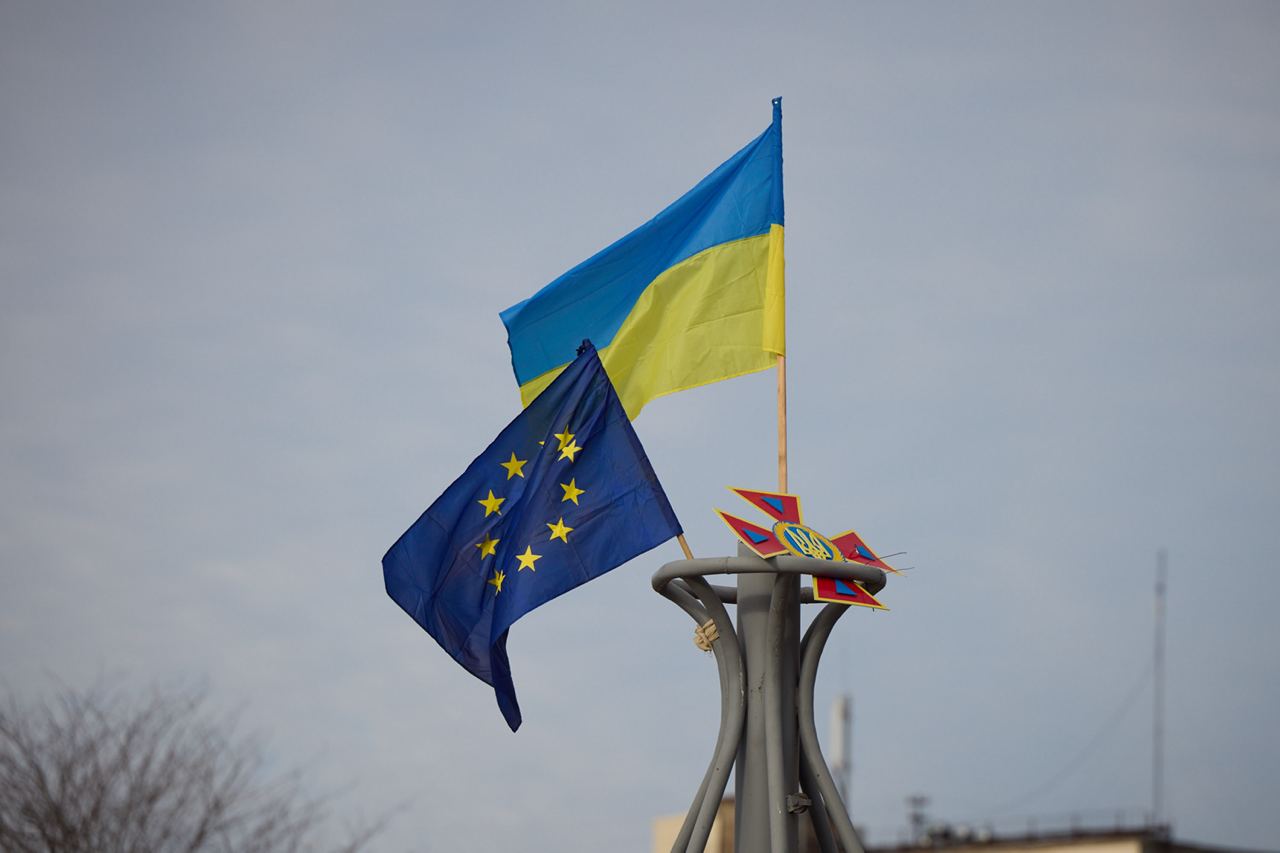 Ukrainian and European Union flags displayed in liberated Kherson days after Russian forces withdrew