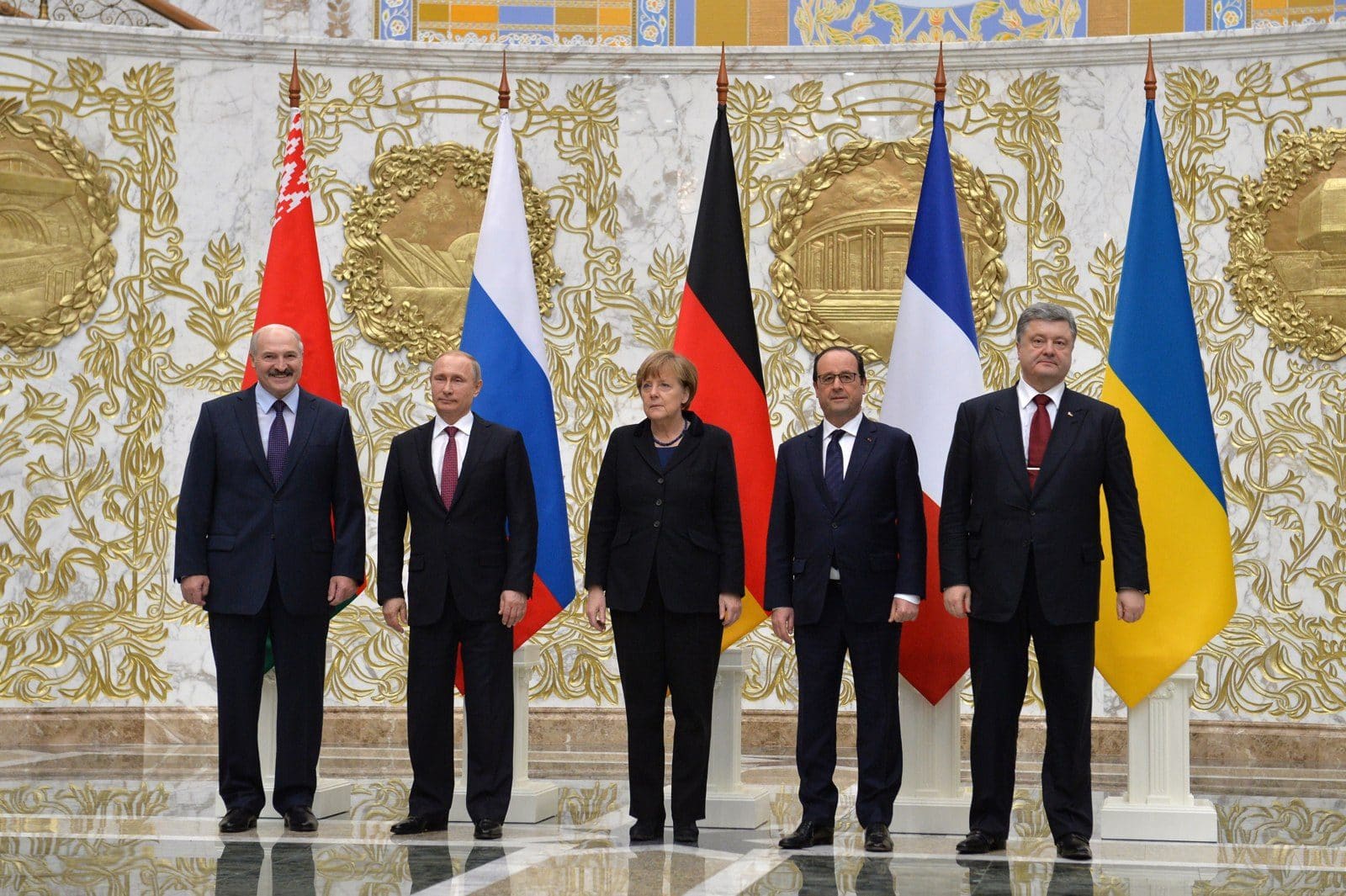 Leaders of Belarus, Russia, Germany, France and Ukraine at the Normandy Format talks in Minsk, February 11, 2015