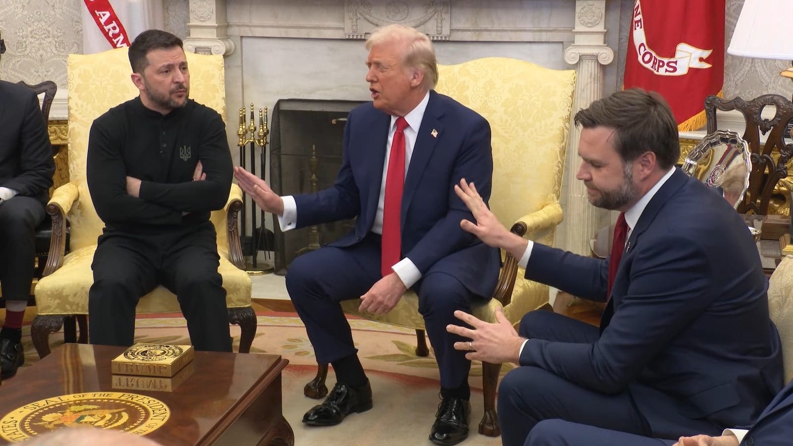 President Trump and Vice President Vance gesture at President Zelenskyy, arms crossed, during their televised Oval Office clash on February 28, 2025