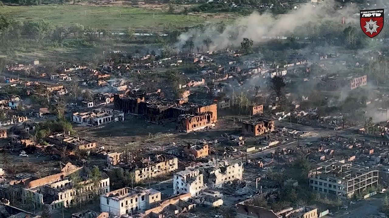 Aerial view of Vovchansk, Kharkiv Oblast, reduced to smoldering ruins after Russia's cross-border assault in mid-2024