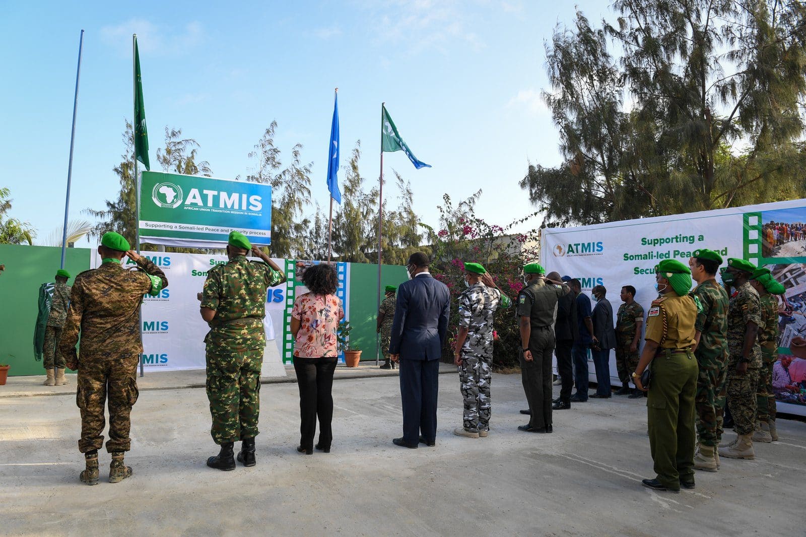Senior AMISOM officials attend the unveiling of the African Union Transition Mission in Somalia monument in Mogadishu