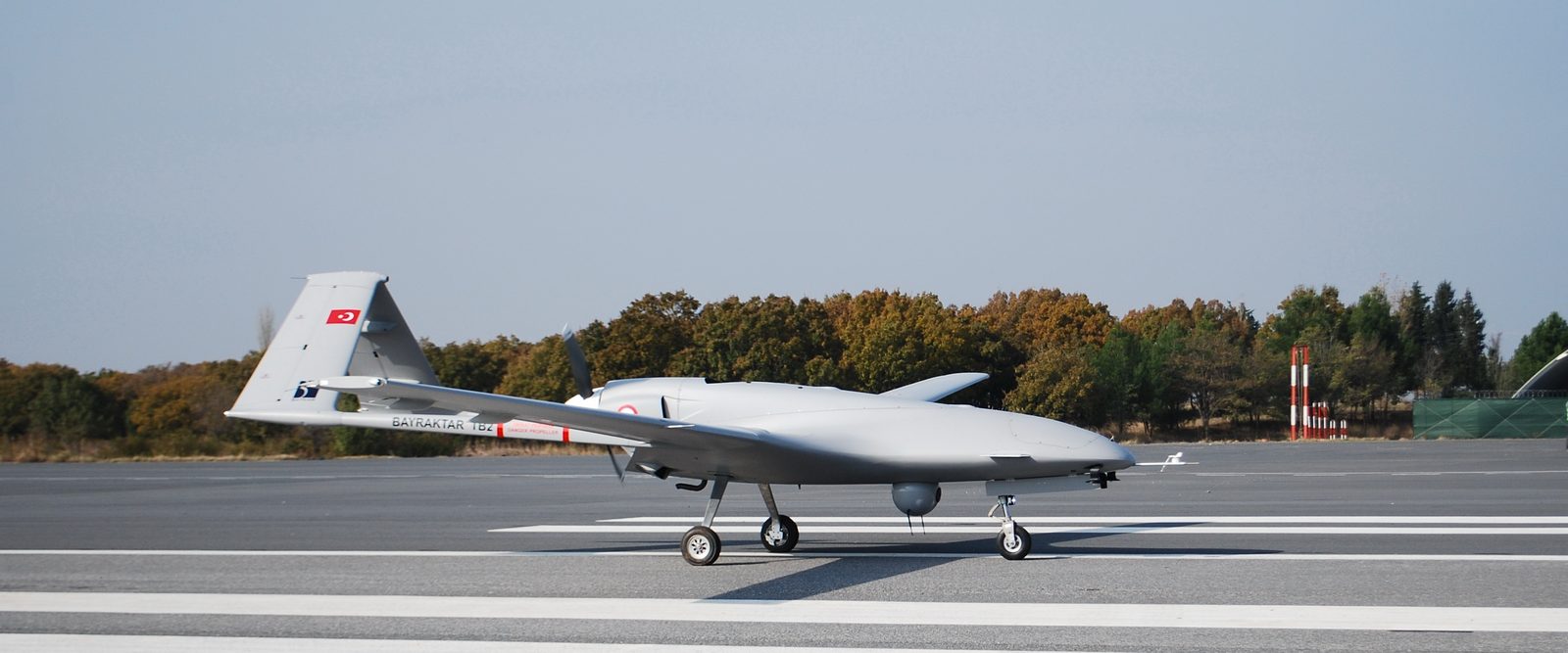 A Bayraktar TB2 unmanned combat aerial vehicle parked on a runway