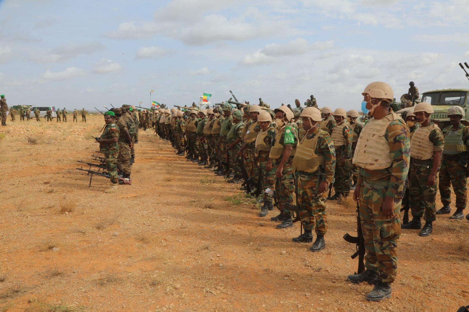 Ethiopian soldiers serving under the African Union Mission in Somalia take part in a combat readiness training drill